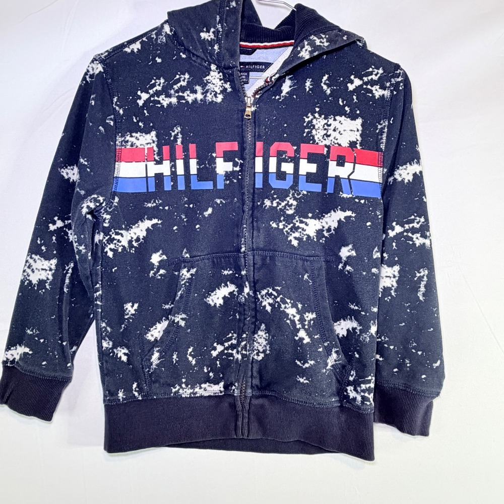 Tommy Hilfiger Boys Acid Wash‎ Zip Up Hoodie Navy Blue Logo Sweatshirt S 8/10